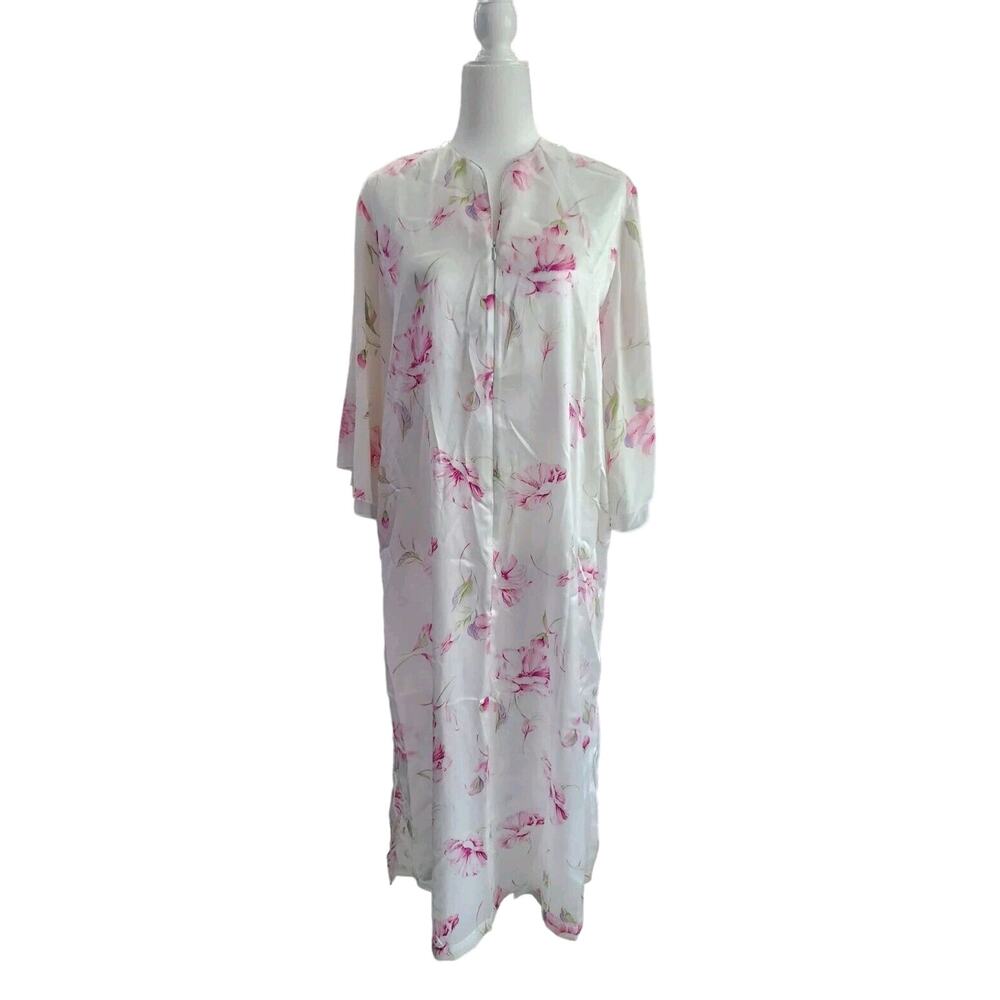 Oscar de la Renta Satin zip Lounge dress gown XS Floral Sleepwear Robe Housecoat